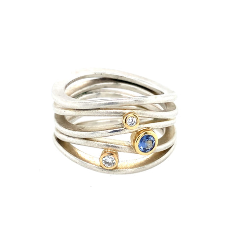 Ring Silber 925 Gold 750 Safir facettiert Brillanten zus. 0.06ct - R185