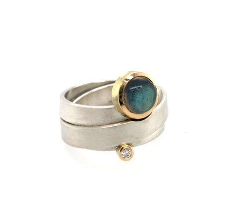 Ring Silber 925 Gold 750 Labradorit Brillant 0.03 ct - R187