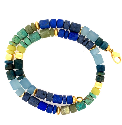 Collier Lapis Dumortierit Aquamarin Chrysokoll Serpentin Apatit Silber vergoldet 999 - S23