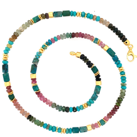 Collier Turmalin Türkis Chrysokoll Jaspis Apatit Silber vergoldet - S31