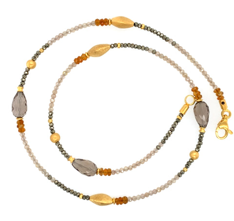 Collier Zirkon Pyrit Citrin Rauchquarz Silber vergoldet 999 - S79