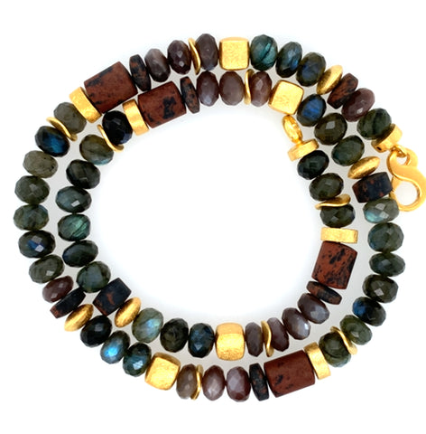 Collier Labradorit Obsidian Mondstein Silber vergoldet 999 - S68