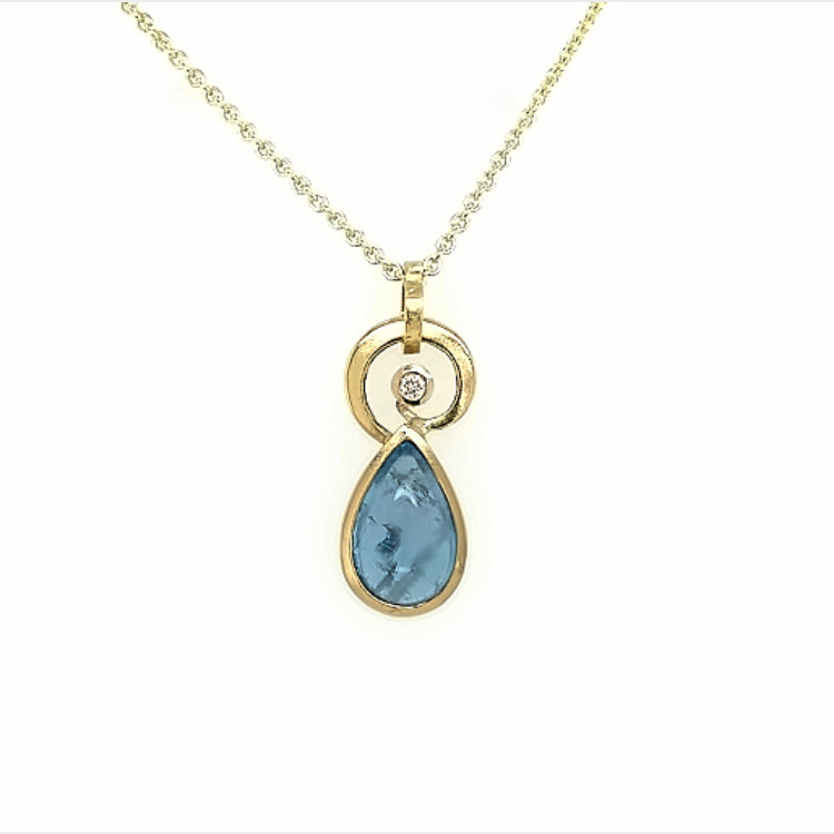 Anhänger Gold 750 Aquamarin Cabochon 3.1ct Brillant 0.028 ct-  C74
