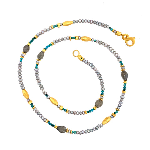 Collier Perle Türkis Labradorit 3 mm Silber vergoldet 999 - S140