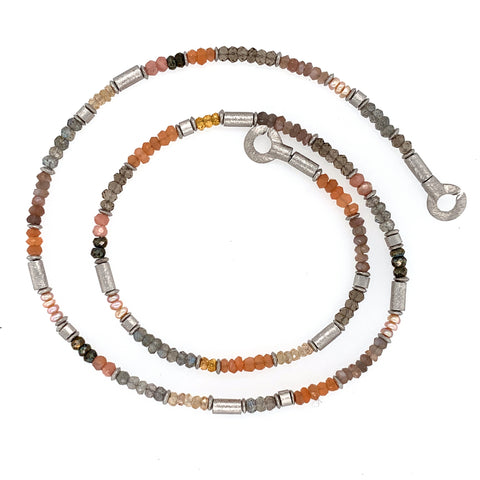Collier Labradorit Mondstein Rauchquarz Pyrit Silber rhodiniert - S40