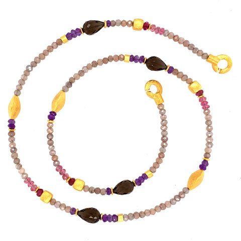Collier Mondstein Rauchquarz Turmalin Amethyst Silber vergoldet 999 -S54