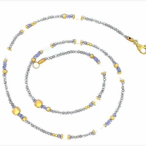 Collier Labradorit Perle Mondstein Tansanit Silber vergoldet 999 - S71