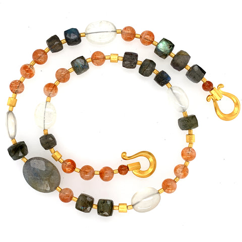 Collier Labradorit Mondstein Sonnenstein Silber vergoldet 999 - S72